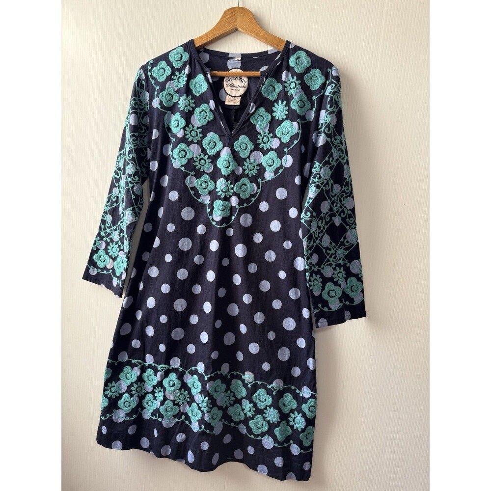 Almatrichi Madrid Spain Sz 36 Tunic Dress Navy Blue Polka Dot Floral Embroidered - Picture 11 of 12